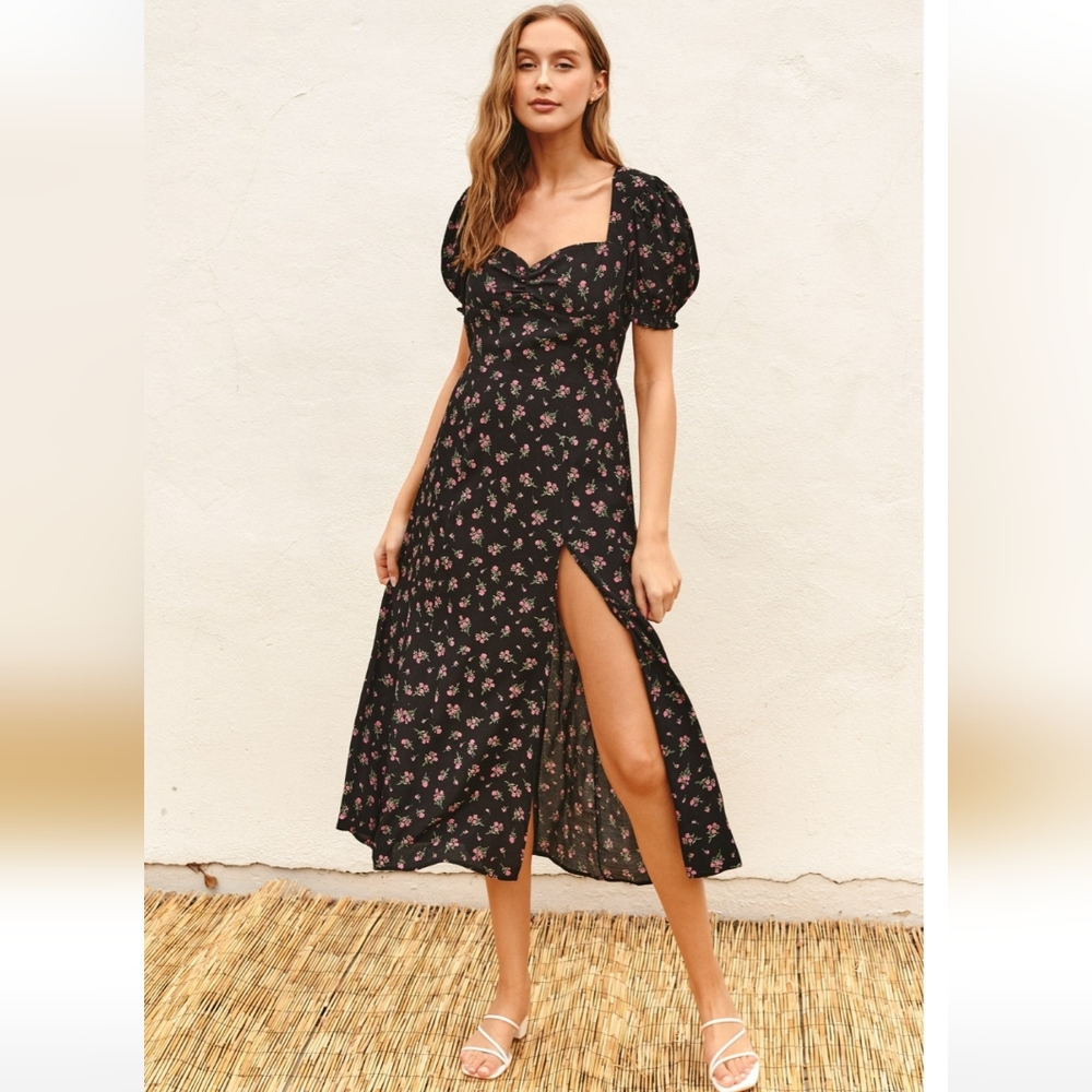 Black|Rose sweetheart neckline midi dress - Picture 3 of 6